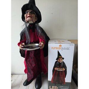 Pumpkin hollow 36" bobblehead talking witch animated candy bowl holder large Hal